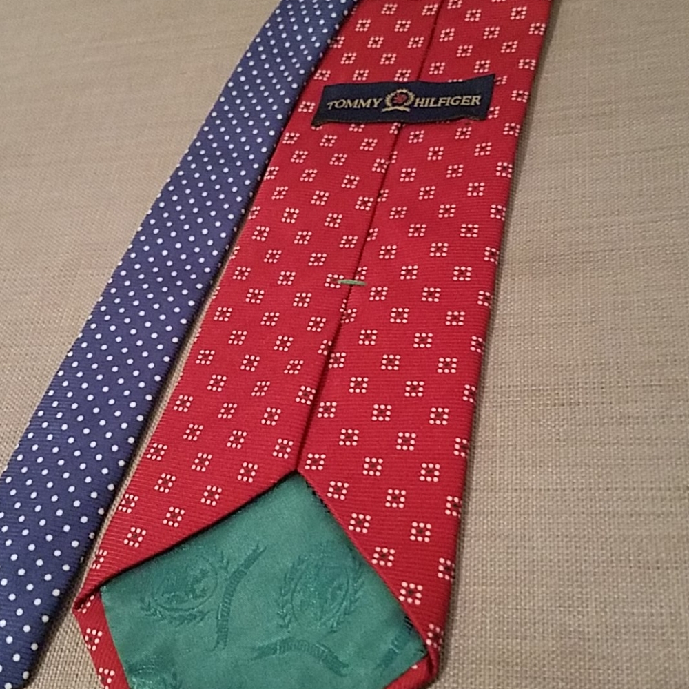 Tommy Hilfiger two tone red blue mixed print silk necktie